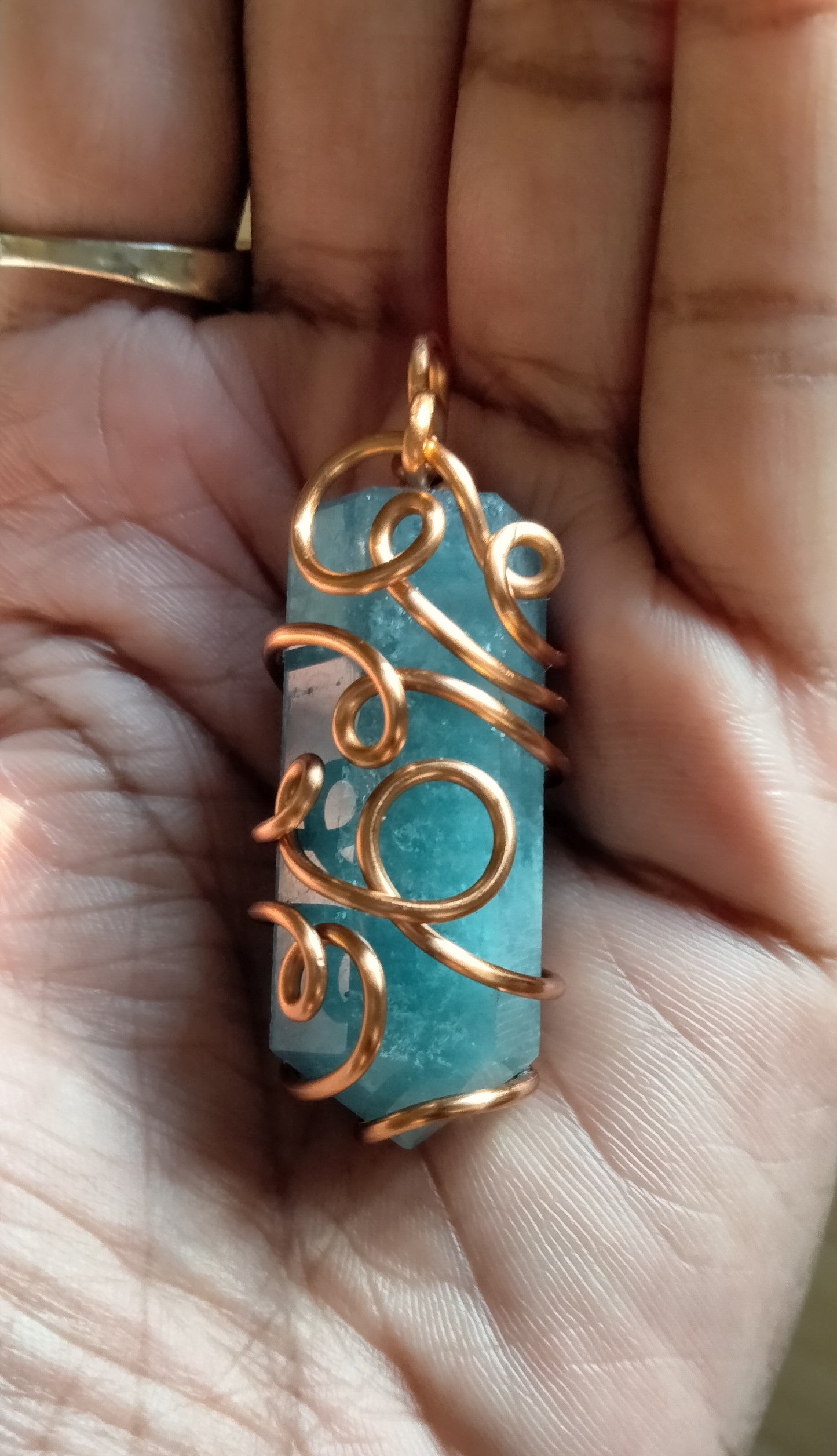 Aquamarine Spiral Copper Pendant