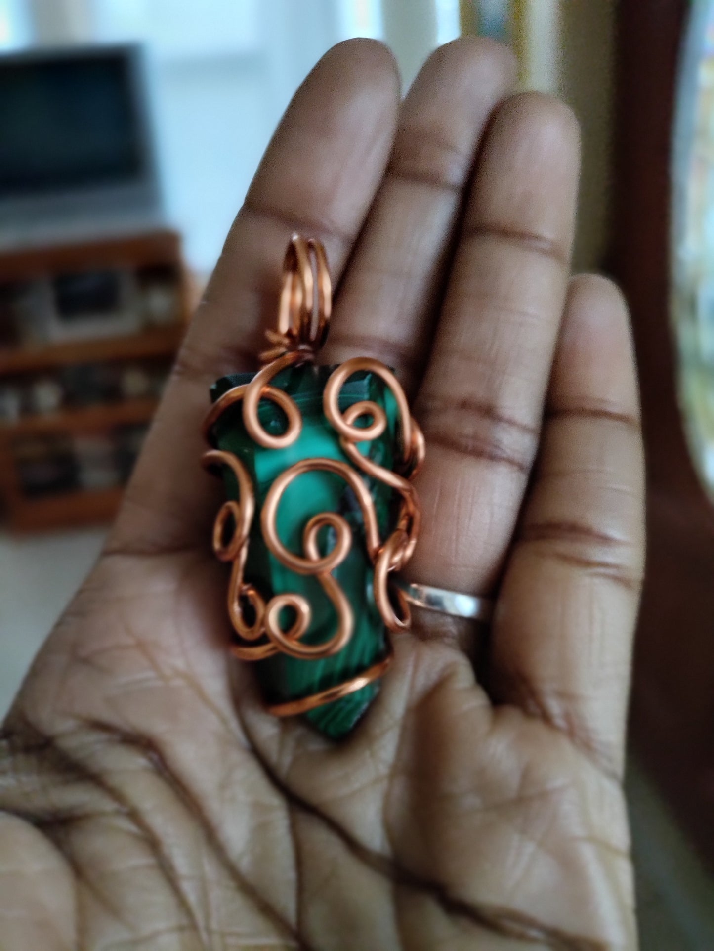 Genuine Malachite Copper Spiral Pendant