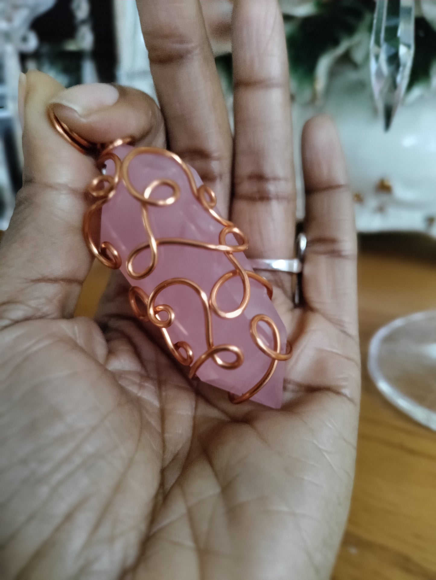 AA Quality Rose Quartz Copper Pendant