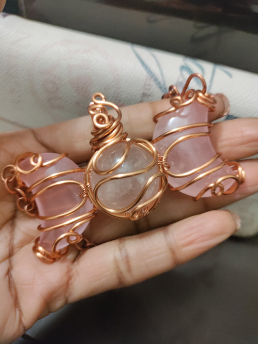 Rose Quartz Triple Moon Copper Necklace