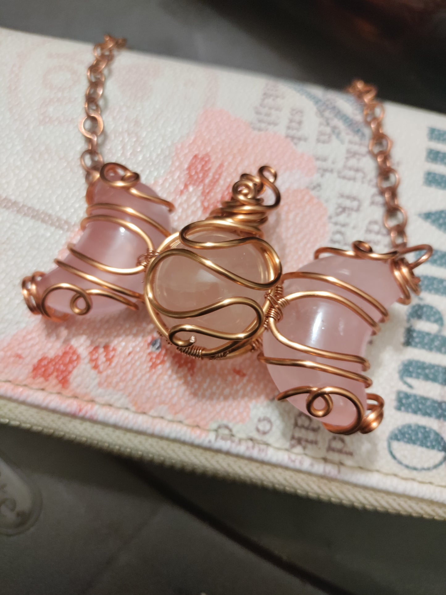 Rose Quartz Triple Moon Copper Necklace