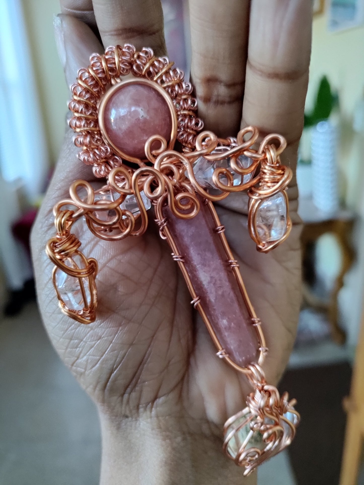Rhodochrosite Ankh Copper Amulet