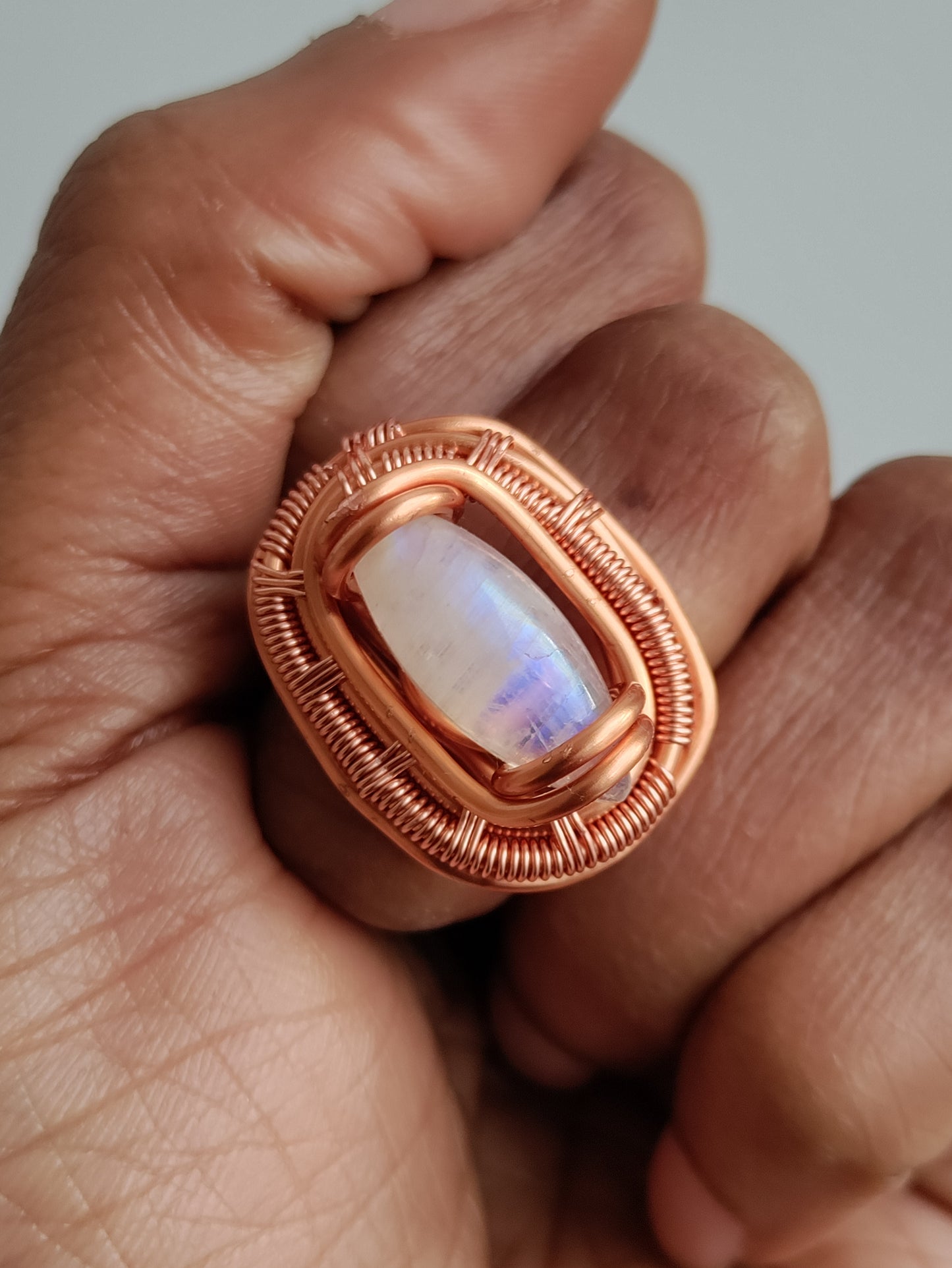 Rainbow Moonstone Adjustable Copper Ring