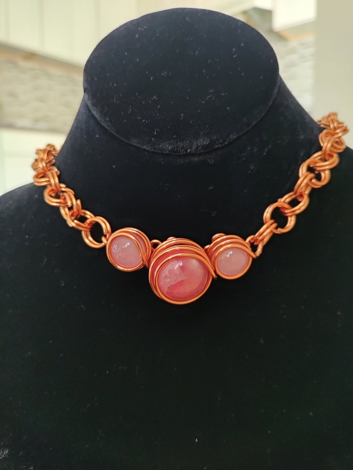Rhodochrosite & Rose Quartz Copper Choker Necklace